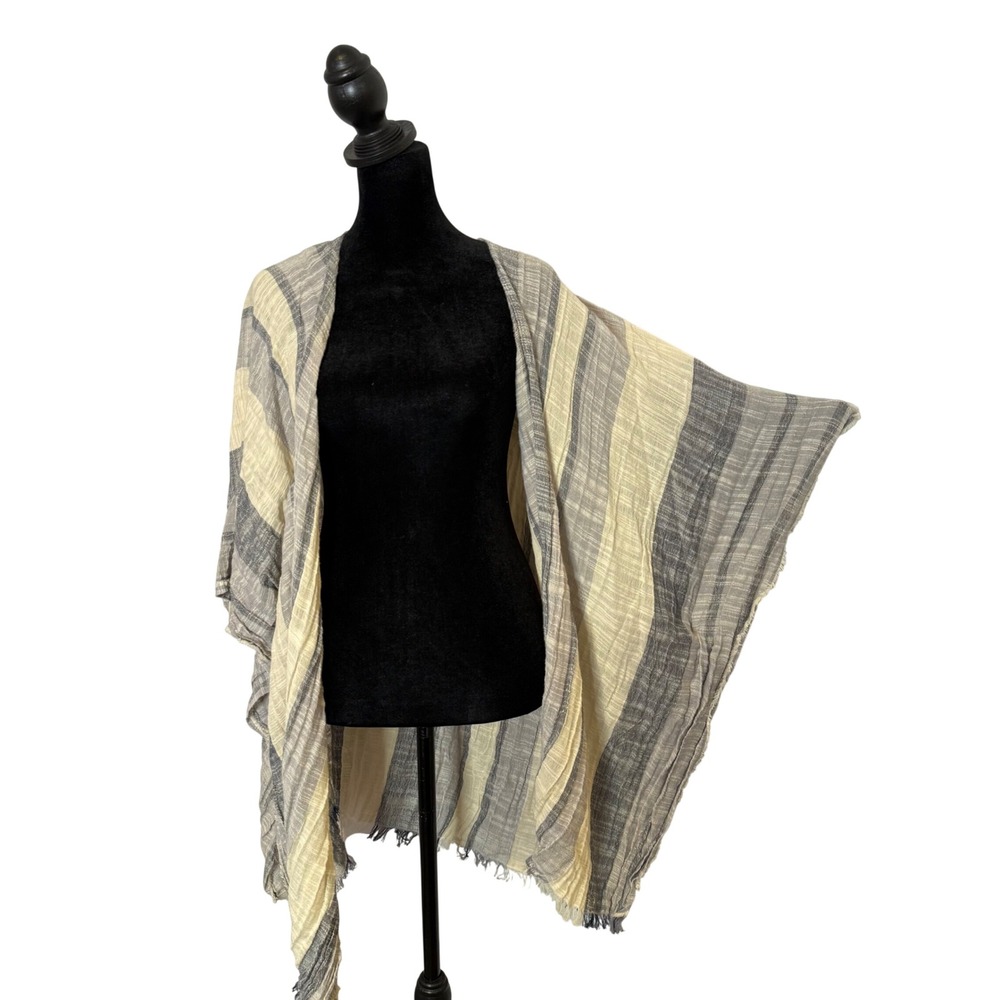 Universal Thread Striped Cotton Gauze Kimono Wrap‎ Blue Cover Up Fringe One Size